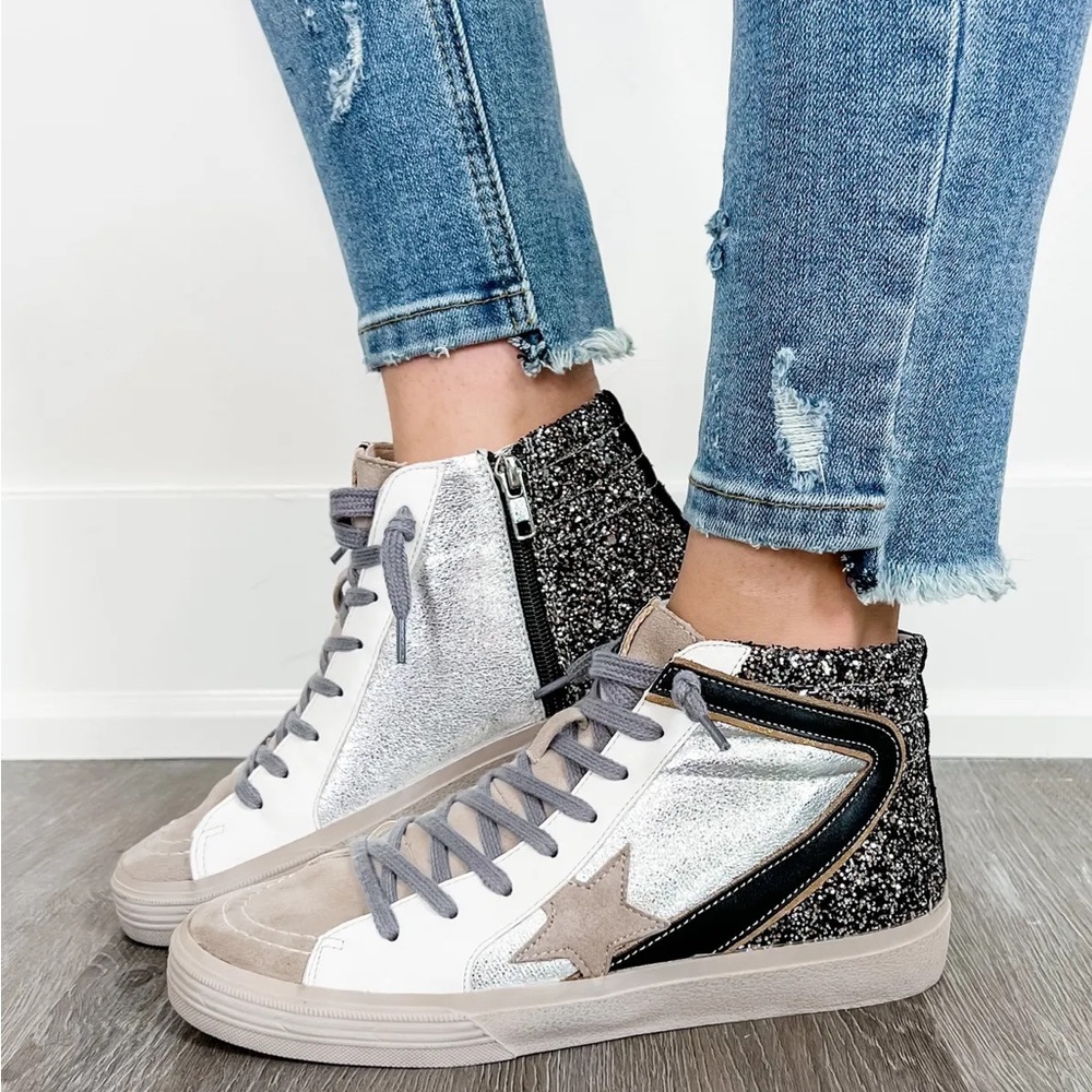 ShuShop Women's Sneakers in Silver, Black, and White
